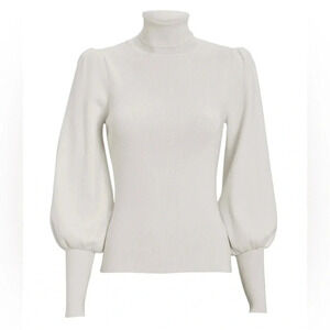 A.L.C.  White Ribbed Turtleneck Puff Sleeve, Size S